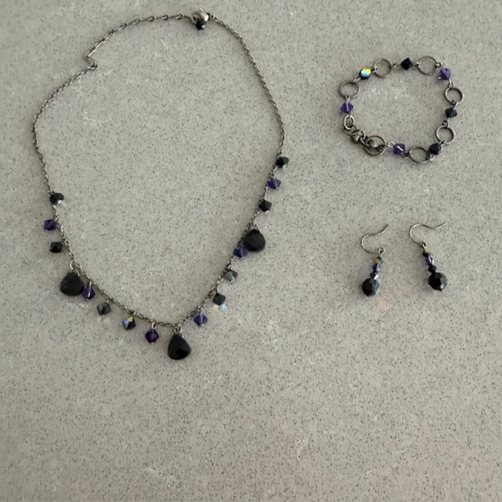 4 Piece Jewelry Set Dark Purple Faux Stones with Gun metal Chains